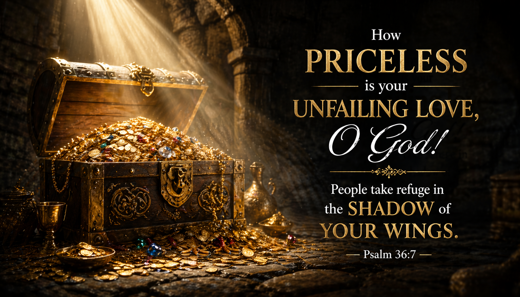 Bible verse Psalm 36:7 treasure chest gold coins jewels dramatic light priceless love wallpaper